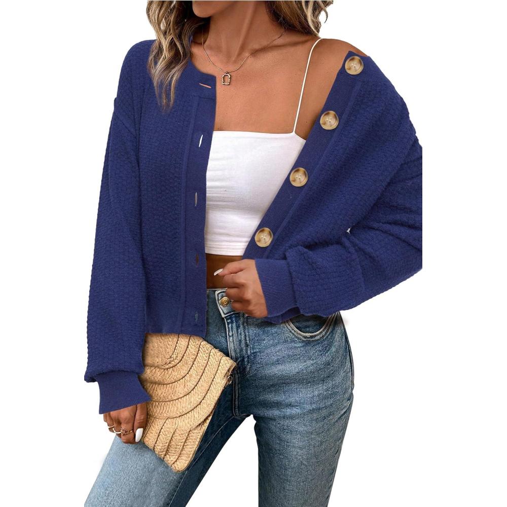 imageArachampampCloz Womens Waffle Cropped Cardigan Ultra Stretchy 2025 Spring Soft Chunky Button Business Casual SweatersBlue
