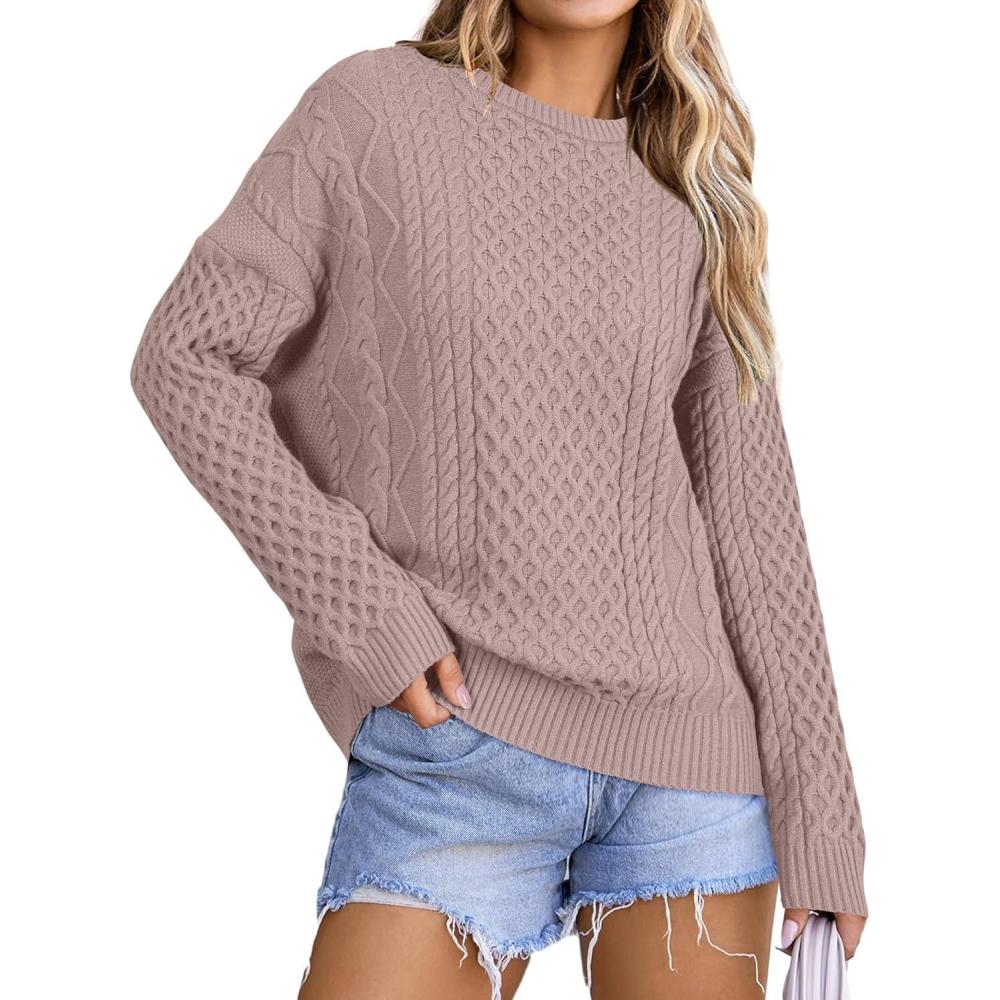 imageArachampampCloz Womens Wool Blend Cable Knit Fall Winter Chunky Oversized Sweaters 2025Light Nutmeg
