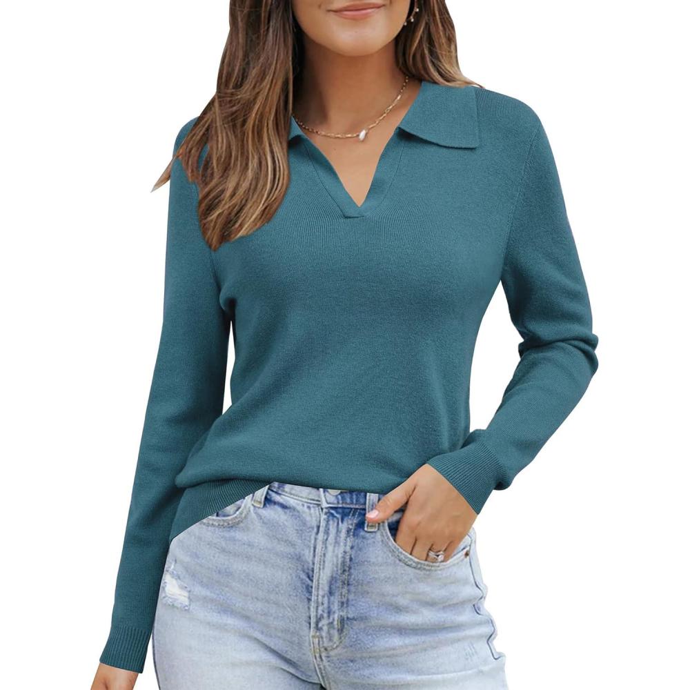 imageArachampampCloz Womens Wool Blend Collared Fall Pullover Sweaters Business Casual Outfits 2025Blue