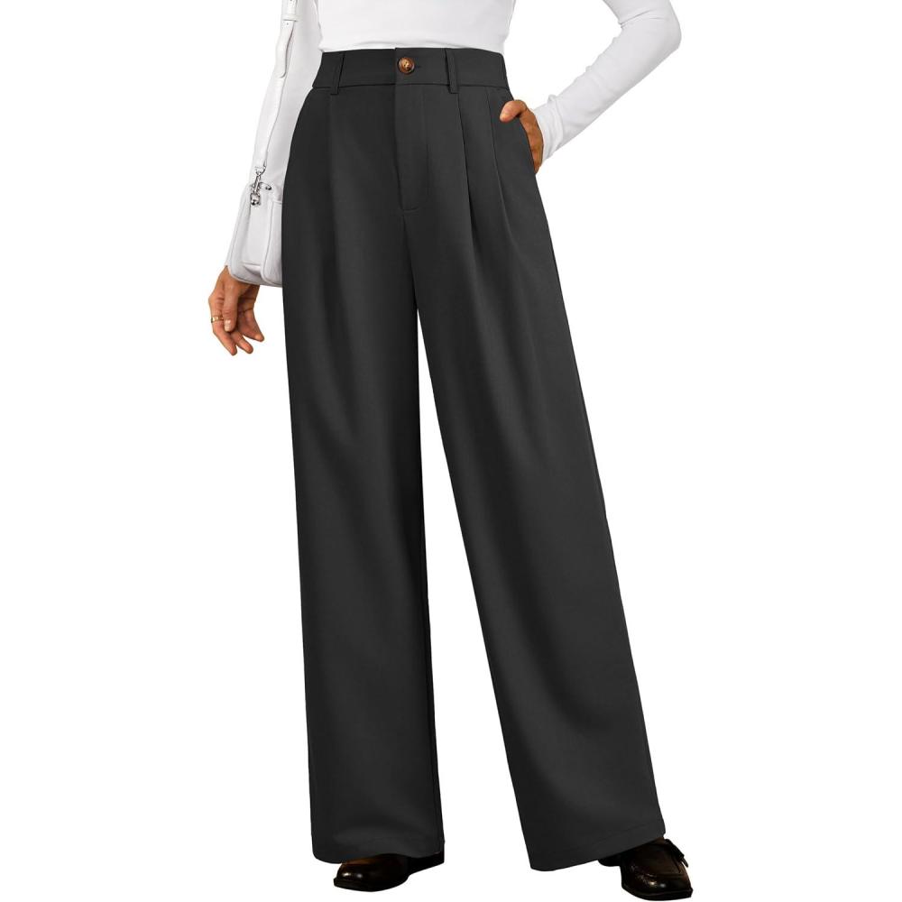 imageArachampampCloz Womens Wool Blend Elastic Waist Straight Leg Business Casual Pants 2025Black