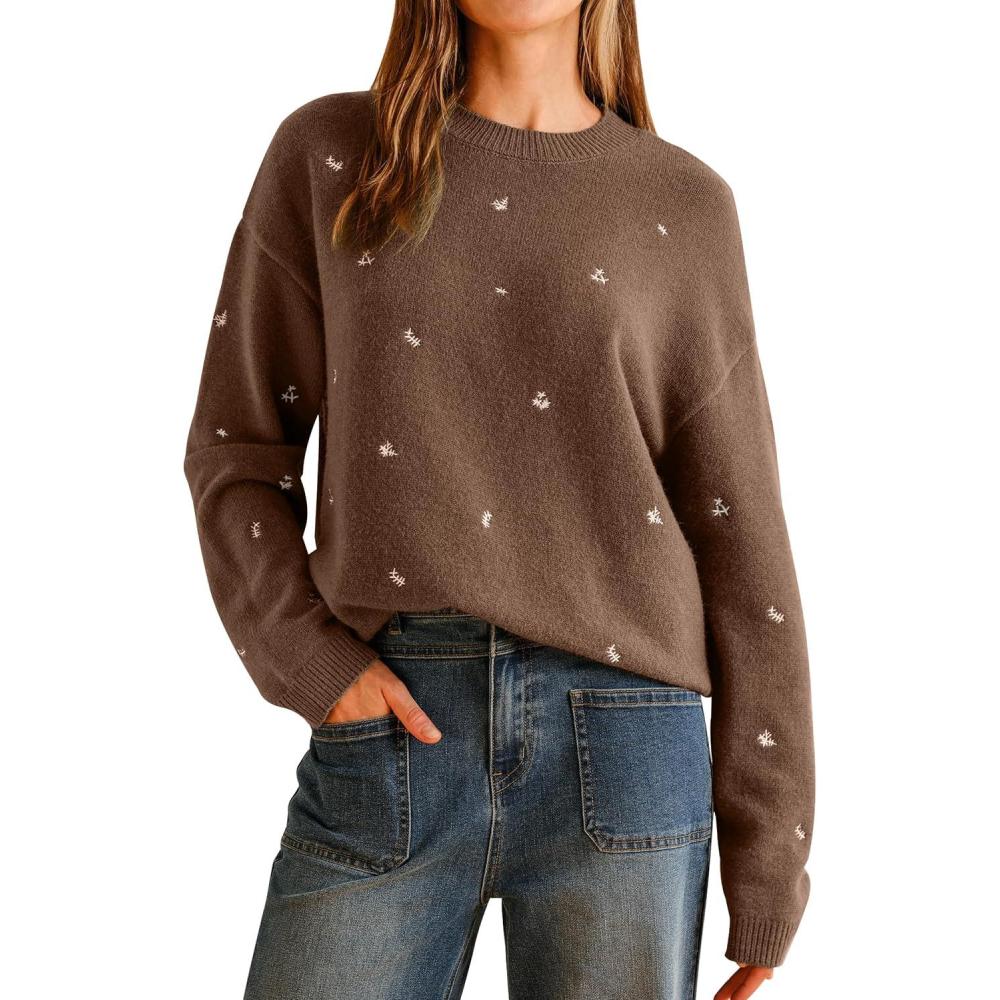 imageArachampampCloz Womens Wool Blend Embroidery Floral Oversized Fit Sweater Trendy 2025Chocolate Brown
