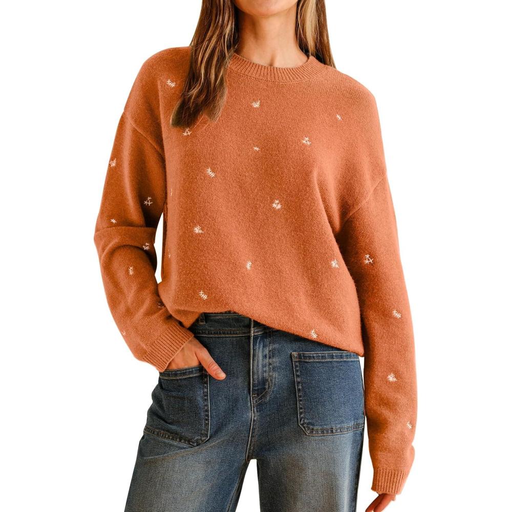 imageArachampampCloz Womens Wool Blend Embroidery Floral Oversized Fit Sweater Trendy 2025Orange