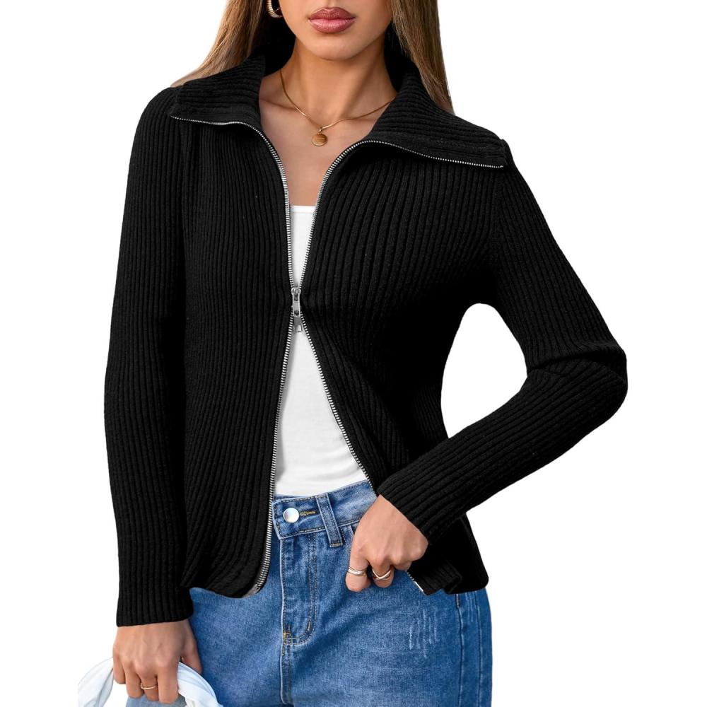 imageArachampampCloz Womens Wool Blend Fall Fashion Zip Up Cardigan Sweaters 2025 TrendyBlack