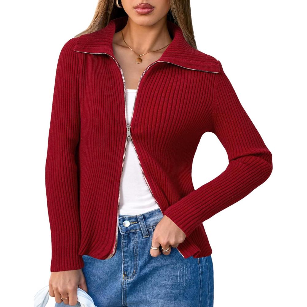 imageArachampampCloz Womens Wool Blend Fall Fashion Zip Up Cardigan Sweaters 2025 TrendyDark Red