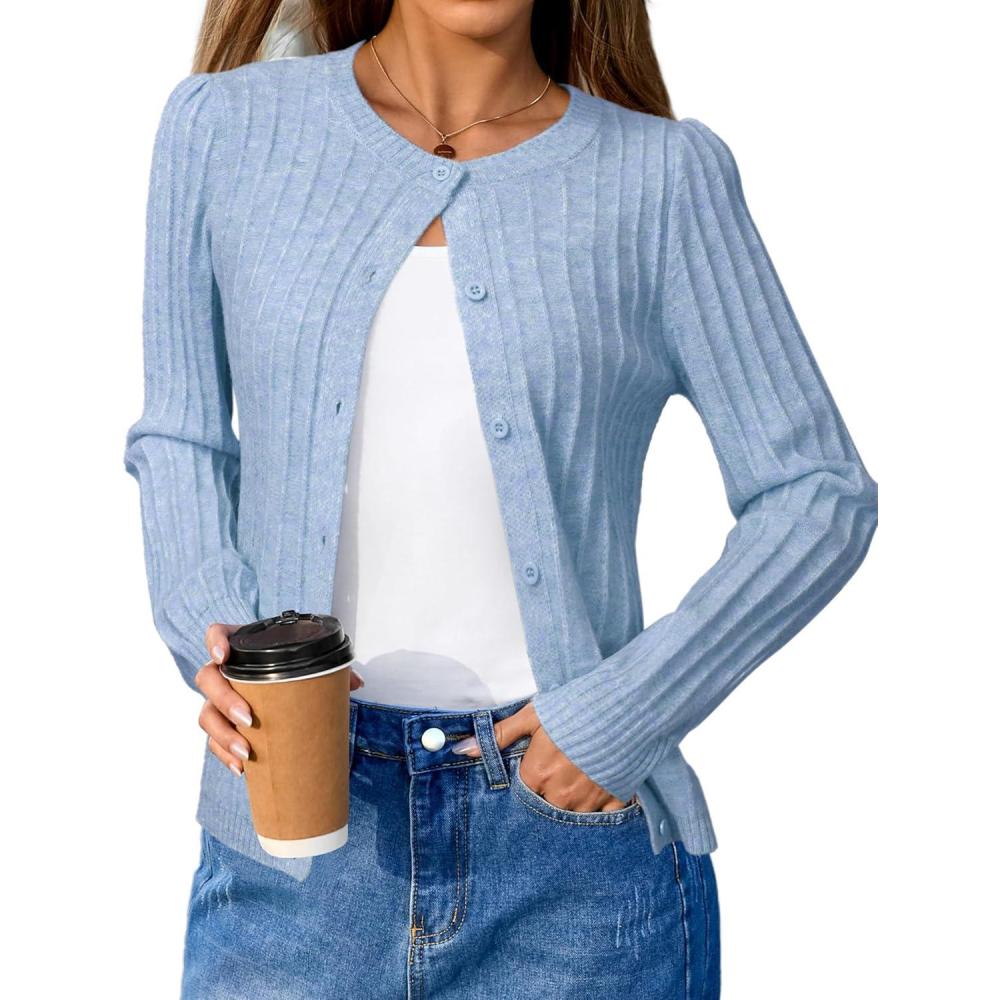 imageArachampampCloz Womens Wool Blend Puff Sleeve Fall Cable Knit Cardigan Sweaters 2025Blue