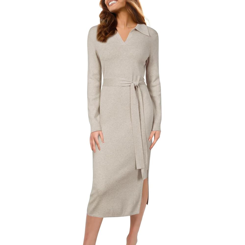 imageArachampampCloz Womens Wool Blend Side Slit Polo Sweater Dresses 2025 Fall Business Casual OutfitsApricot