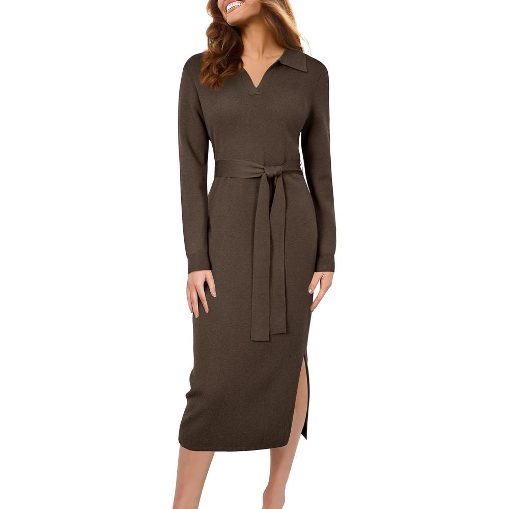 imageArachampampCloz Womens Wool Blend Side Slit Polo Sweater Dresses 2025 Fall Business Casual OutfitsBrown Coffee