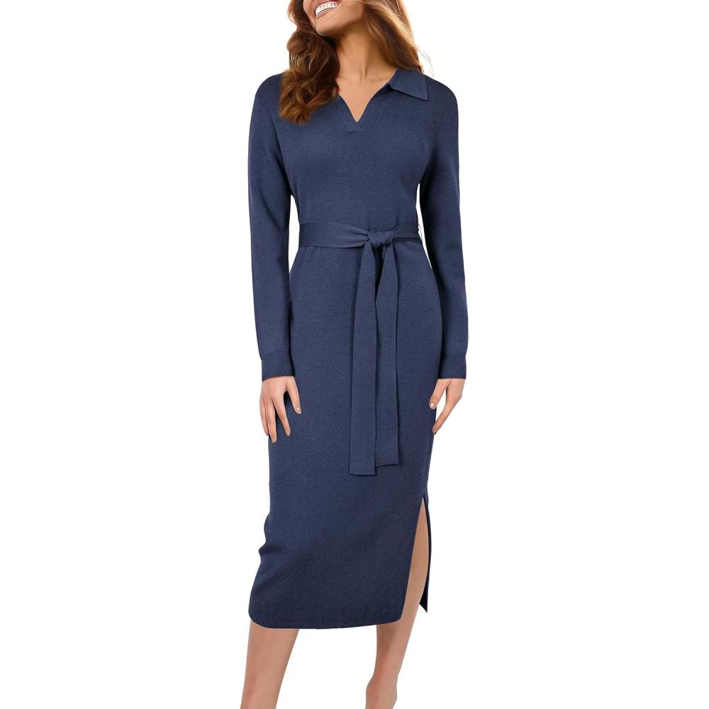 imageArachampampCloz Womens Wool Blend Side Slit Polo Sweater Dresses 2025 Fall Business Casual OutfitsDark Blue