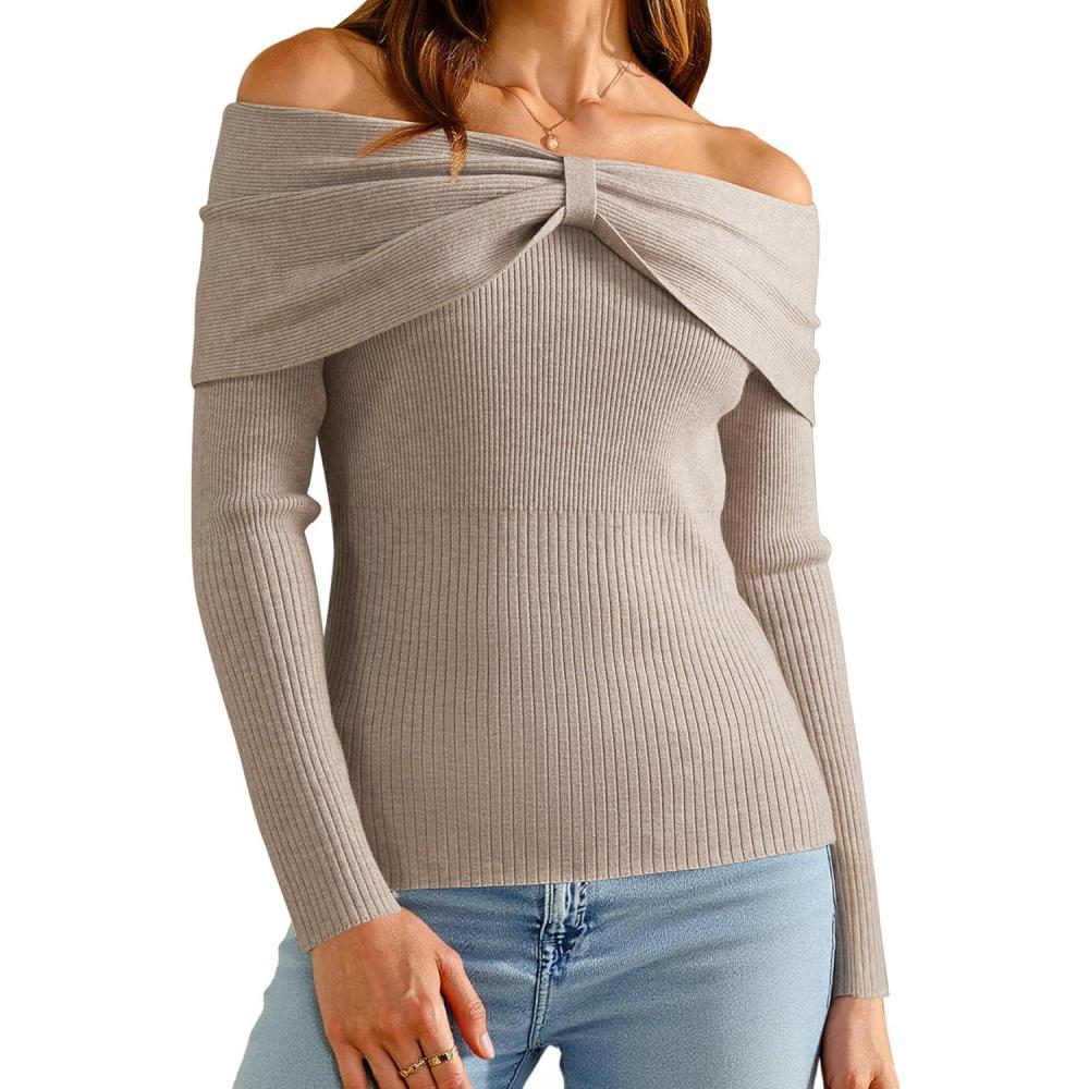 imageArachampampCloz Womens Wool Blend Slim Fit Off The Shoulder Fall Sweater 2025Oatmeal Coffee