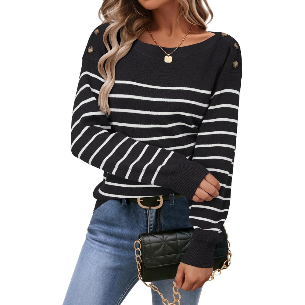 imageArachampampCloz Womens Wool Blend Striped Boat Neck Fall Dressy Casual Sweater Tops 2025Black and White