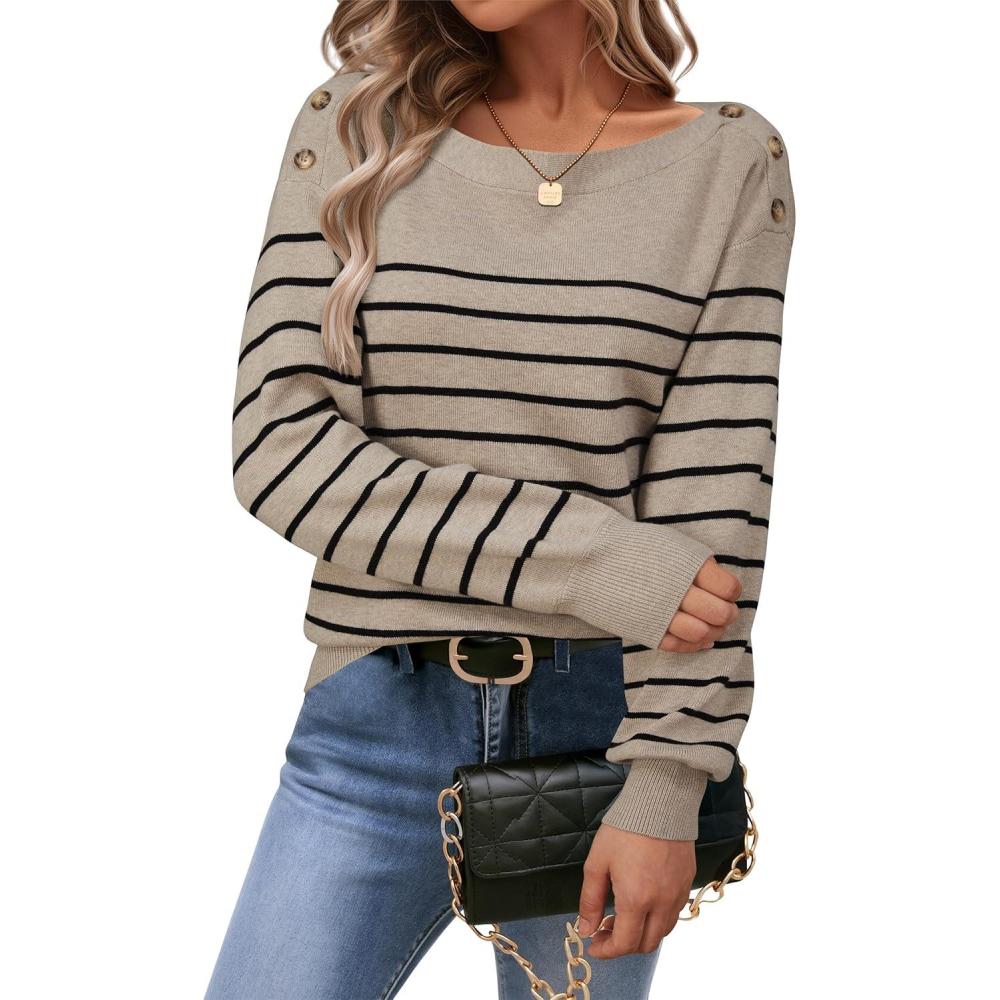 imageArachampampCloz Womens Wool Blend Striped Boat Neck Fall Dressy Casual Sweater Tops 2025Khaki and Black
