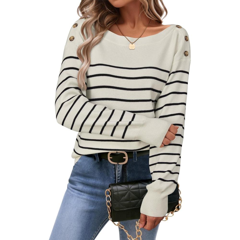 imageArachampampCloz Womens Wool Blend Striped Boat Neck Fall Dressy Casual Sweater Tops 2025Off White and Black