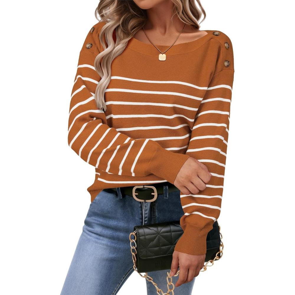 imageArachampampCloz Womens Wool Blend Striped Boat Neck Fall Dressy Casual Sweater Tops 2025Orange and White