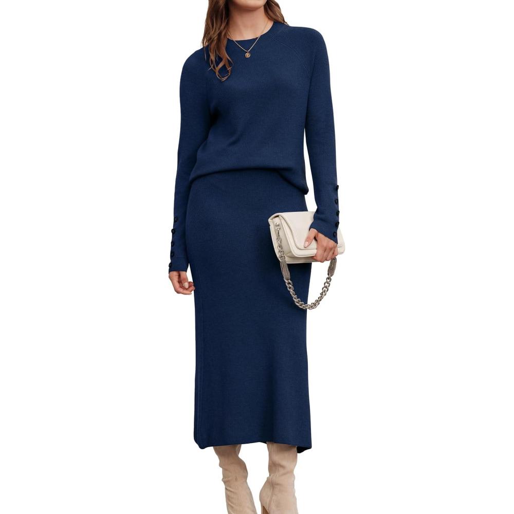 imageArachampampCloz Womens Wool Blend Sweater 2 Piece Sets Winter Business Long Sleeve Top Midi Skirts Outfits 2025Navy