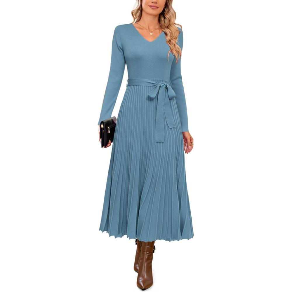 imageArachampampCloz Womens Wool Blend Tie Waist Pleated Fall Sweater Dress 2025Blue