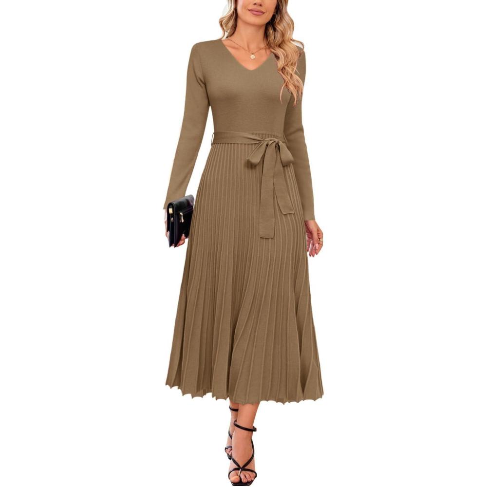imageArachampampCloz Womens Wool Blend Tie Waist Pleated Fall Sweater Dress 2025Camel