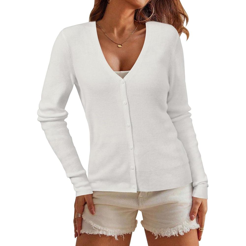 imageArachampampCloz Womens Wool Blended Ribbed Cardigan Lightweight Long Sleeve Sweater 2025 Spring Fashion Button Down Knit TopWhite