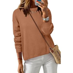 Arach&Cloz Women’s 100% Cotton Crew Neck Fall Casual Relaxed Fit Sweater Tops 2025(Caramel)