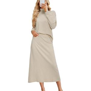 Arach&Cloz Womens 2 Piece Sweaters Sets Turtleneck Long Sleeve Tops Long Maxi Skirt Casual Fall Fashion 2024 Outfits(Apricot)