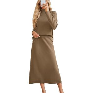 Arach&Cloz Womens 2 Piece Sweaters Sets Turtleneck Long Sleeve Tops Long Maxi Skirt Casual Fall Fashion 2024 Outfits(Camel)
