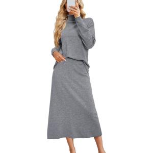 Arach&Cloz Womens 2 Piece Sweaters Sets Turtleneck Long Sleeve Tops Long Maxi Skirt Casual Fall Fashion 2024 Outfits(Grey)