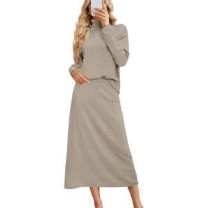Arach&Cloz Womens 2 Piece Sweaters Sets Turtleneck Long Sleeve Tops Long Maxi Skirt Casual Fall Fashion 2024 Outfits(Khaki)