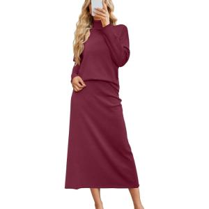 Arach&Cloz Womens 2 Piece Sweaters Sets Turtleneck Long Sleeve Tops Long Maxi Skirt Casual Fall Fashion 2024 Outfits(Wine)