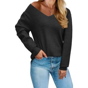 Arach&Cloz Womens 2024 Fall Long Sleeve V Neck Off Shoulder Tops Knit Pullover Sweater Loose Casual Clothes(Black)