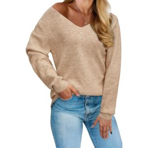 Arach&Cloz Womens 2024 Fall Long Sleeve V Neck Off Shoulder Tops Knit Pullover Sweater Loose Casual Clothes(Camel)