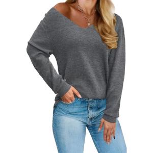 Arach&Cloz Womens 2024 Fall Long Sleeve V Neck Off Shoulder Tops Knit Pullover Sweater Loose Casual Clothes(Dark Gray)