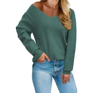 Arach&Cloz Womens 2024 Fall Long Sleeve V Neck Off Shoulder Tops Knit Pullover Sweater Loose Casual Clothes(Green)