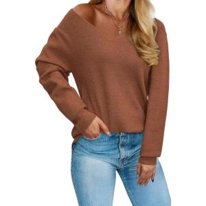 Arach&Cloz Womens 2024 Fall Long Sleeve V Neck Off Shoulder Tops Knit Pullover Sweater Loose Casual Clothes(Rust)