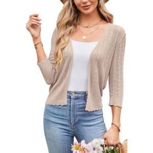 Arach&Cloz Women’s 2024 Lightweight Summer Cardigan 3/4 Sleeve Crochet Patterns Knit Shrug Sweater Tops(Apricot)