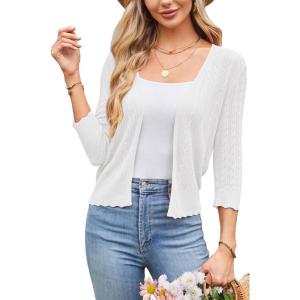 Arach&Cloz Women’s 2024 Lightweight Summer Cardigan 3/4 Sleeve Crochet Patterns Knit Shrug Sweater Tops(Beige White)