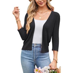 Arach&Cloz Women’s 2024 Lightweight Summer Cardigan 3/4 Sleeve Crochet Patterns Knit Shrug Sweater Tops(Black)
