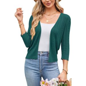 Arach&Cloz Women’s 2024 Lightweight Summer Cardigan 3/4 Sleeve Crochet Patterns Knit Shrug Sweater Tops(Peacock Green)