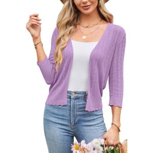 Arach&Cloz Women’s 2024 Lightweight Summer Cardigan 3/4 Sleeve Crochet Patterns Knit Shrug Sweater Tops(Purple)