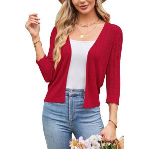 Arach&Cloz Women’s 2024 Lightweight Summer Cardigan 3/4 Sleeve Crochet Patterns Knit Shrug Sweater Tops(Red)