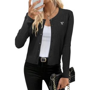 Arach&Cloz Womens 2025 Summer Lightweight Cardigan Long Sleeve Cable Knit Hollow Out Bow Embroidery Tops(Black)