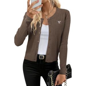 Arach&Cloz Womens 2025 Summer Lightweight Cardigan Long Sleeve Cable Knit Hollow Out Bow Embroidery Tops(Brown)