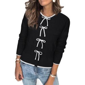 Arach&Cloz Women’s Bow Sweaters Fall Color Block Casual Cardigan Sweaters 2025(Black-white)