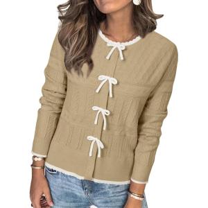 Arach&Cloz Women’s Bow Sweaters Fall Color Block Casual Cardigan Sweaters 2025(Khaki-white)