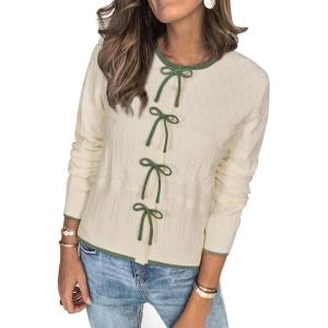 Arach&Cloz Women’s Bow Sweaters Fall Color Block Casual Cardigan Sweaters 2025(Off-white-avocado Green)
