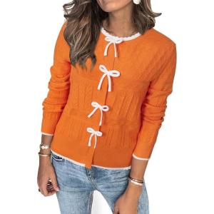 Arach&Cloz Women’s Bow Sweaters Fall Color Block Casual Cardigan Sweaters 2025(Orange-white)