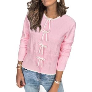 Arach&Cloz Women’s Bow Sweaters Fall Color Block Casual Cardigan Sweaters 2025(Pink-white)