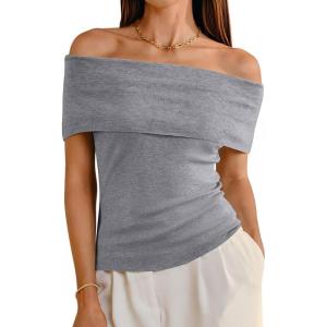 Arach&Cloz Women’s Convertible Neckline Off-Shoulder Cowl Neck Slim Fit Tops 2025(Grey)