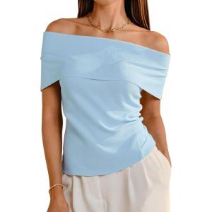 Arach&Cloz Women’s Convertible Neckline Off-Shoulder Cowl Neck Slim Fit Tops 2025(Light Blue)