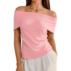 Arach&Cloz Women’s Convertible Neckline Off-Shoulder Cowl Neck Slim Fit Tops 2025(Pink)
