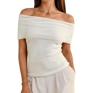 Arach&Cloz Women’s Convertible Neckline Off-Shoulder Cowl Neck Slim Fit Tops 2025(White)