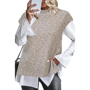 Arach&Cloz Women’s Cotton Blend Cap Sleeve Side Slit Sweater Vest Fall Casual Tops 2025(Khaki Grey)